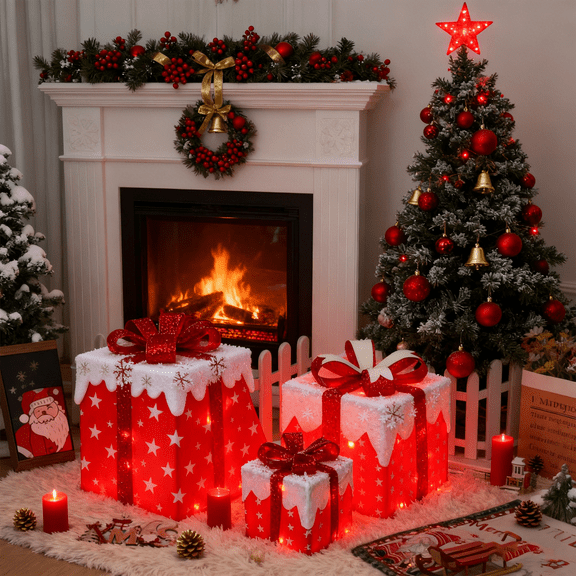 Set of 3 Christmas Lighted Gift Boxes,Different Sizes Light Up White Red Star Present Box Ornament with Bowknot,8 Modes Pre lit Presents Christmas Boxes for Indoor Outdoor Holiday Xmas Decorations