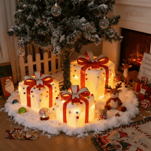 Set of 3 Christmas Lighted Gift Boxes,Different Sizes Light Up White Snow Present Box Ornament with Bowknot,8 Modes Pre lit Presents Christmas Boxes for Indoor Outdoor Holiday Xmas Decorations