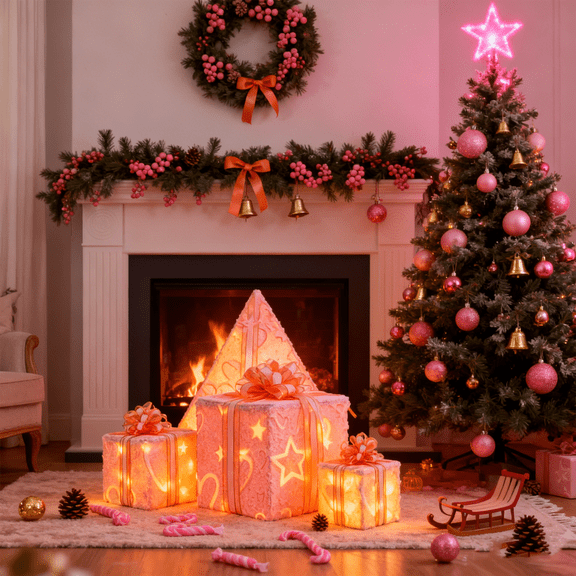 Set of 3 Christmas Lighted Gift Boxes,Different Sizes Pink Heart Light Up Present Box Ornament with Bowknot,Pre lit Presents Christmas Boxes for Indoor Outdoor Holiday Xmas Decorations