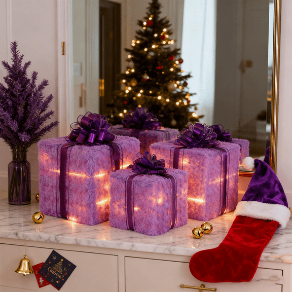 Set of 3 Christmas Lighted Gift Boxes,Different Sizes Purple Rose Light Up Present Box Ornament with Bowknot,Pre lit Presents Christmas Boxes for Indoor Outdoor Holiday Xmas Decorations