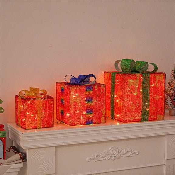 Set of 3 Christmas Lighted Gift Boxes,Elk Pattern Light Up Present Box Ornament with Bowknot,8 Modes Pre lit Presents Christmas Boxes for Indoor Outdoor Holiday Xmas Decorations