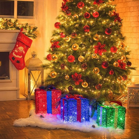 Set of 3 Christmas Lighted Gift Boxes, Outdoor LED Present Box with Bow, Multicolor Light Up Gift Box Set for Yard Lawn Porch Garden Holiday Party Christmas Home Decorations