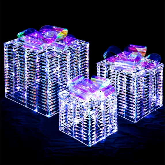 Set of 3 Christmas Lighted Gift Boxes, Plug in 156 LED Light Up Tinsel Present Box Decorations for Outdoor Indoor Christmas Tree, Yard, Home Decor (13"+10"+8") (Multicolor)