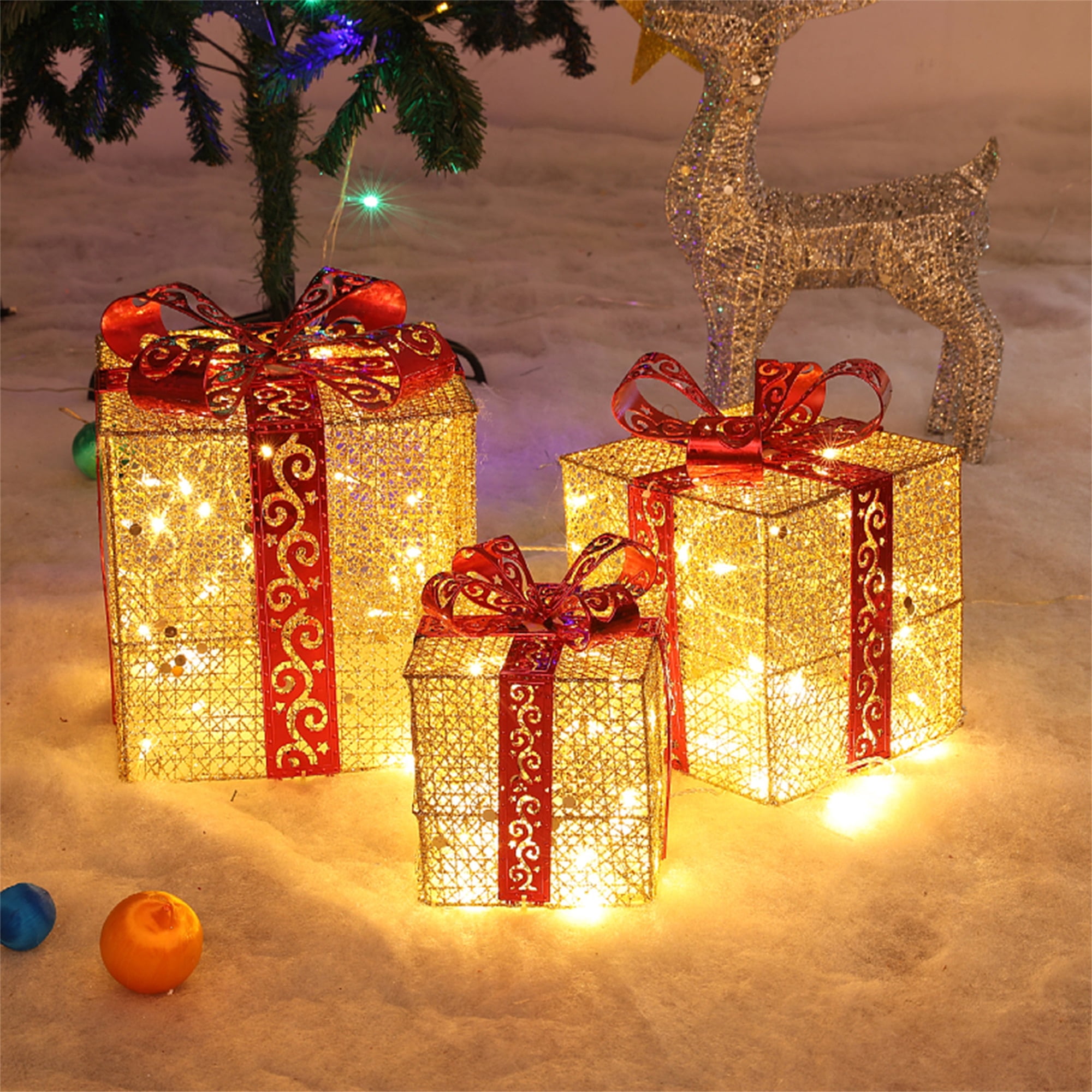 Set of 3 Christmas Lighted Gift Boxes, Plug in LED Light Up Warm White