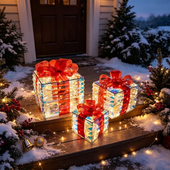 Set of 3 Christmas Lighted Gift Boxes, Pre-lit 120 LED Light Up With Red Bows, Present Boxes Ornament Decorations with Ribbons for Indoor Outdoor Xmas Tree Home Yard Lawn Decor