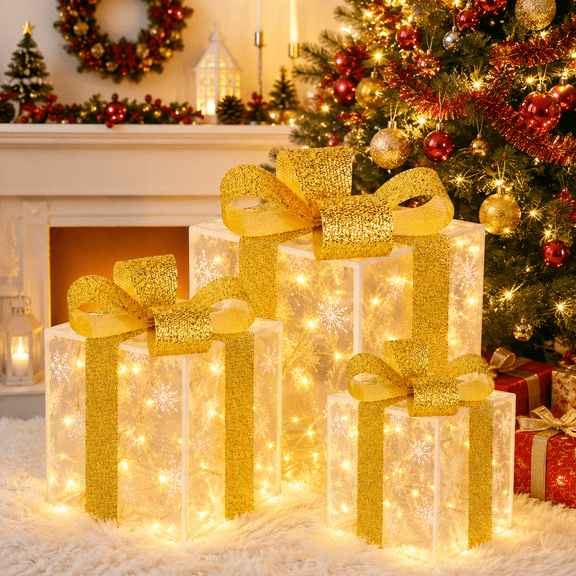 Set of 3 Christmas Lighted Gift Boxes, Pre-lit 50 LED Light Up Present Boxes Ornament Decorations with Ribbons for Indoor Outdoor Xmas Tree Home Yard Lawn Decor