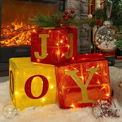 Set of 3 Christmas Lighted Gift Boxes, Pre-lit 60 LED Light Up Joy Present Boxes Ornament Decorations for Indoor Outdoor Xmas Tree Home Yard Lawn Decor