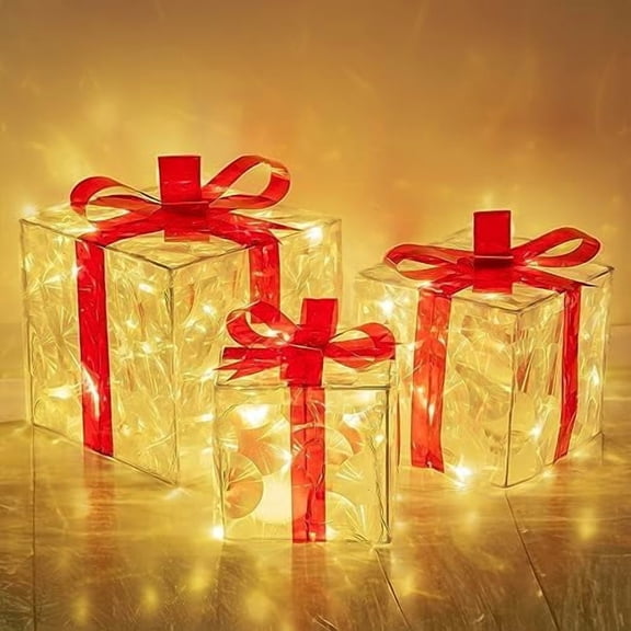 Set of 3 Christmas Lighted Gift Boxes, Pre-lit 60 LED Light Up Present Boxes Ornament Decorations with Ribbons for Indoor Outdoor Xmas Tree Home Yard Lawn Decor, Warm White