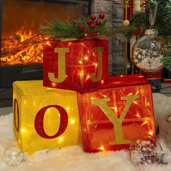 Set of 3 Christmas Lighted Gift Boxes, Pre-lit 60 LED Light Up Present Boxes Ornament Outdoor Warm White Tinsel Boxes Decoration for Indoor Christmas Home Yard Lawn Decor
