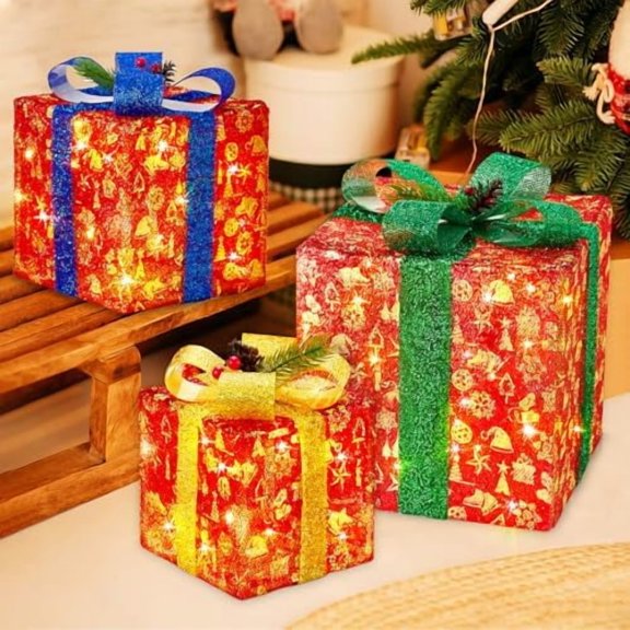 Set of 3 Christmas Lighted Gift Boxes, Pre-lit 70 LED Light Up Present Boxes, Christmas Decoration for Indoor Outdoor Yard Decor, 8 Modes & Timer Function