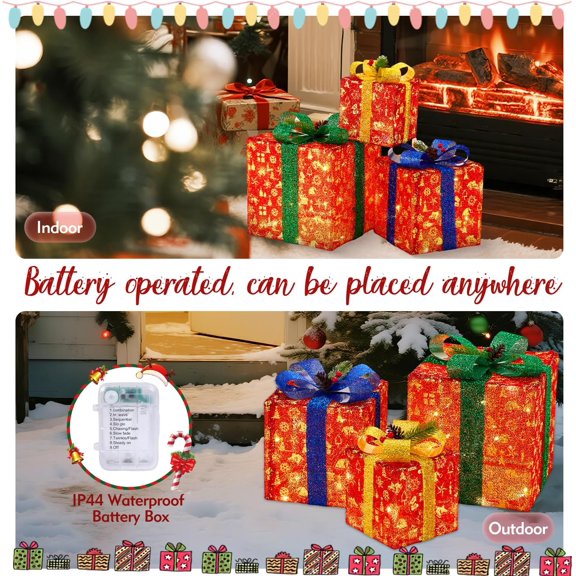 Set of 3 Christmas Lighted Gift Boxes, Pre-lit LED Light Up Present Boxes, Christmas Decoration for Indoor Outdoor Yard Decor, 8 Modes & Timer Function