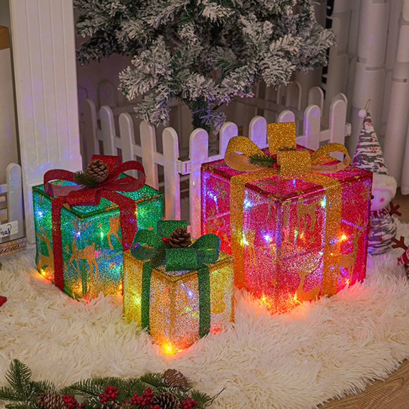 Set of 3 Christmas Lighted Gift Boxes, Pre-lit Present Box with Bowknot(Colorful), Light Up Xmas Tree Skirt Ornament, Indoor Outdoor Plug in for Home Holiday Party
