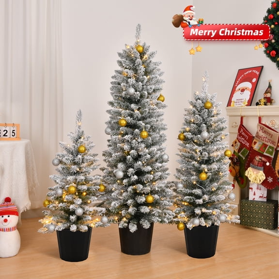 Set of 3 Christmas Trees Set, Flocked Fir Christmas Tree Prelit, 3,4,5FT Christmas Tree with 50/100/150 Warm Lights Battery Operated and 130/180/250 Branch Tips, Artificial Christmas Tree Xmas Decor