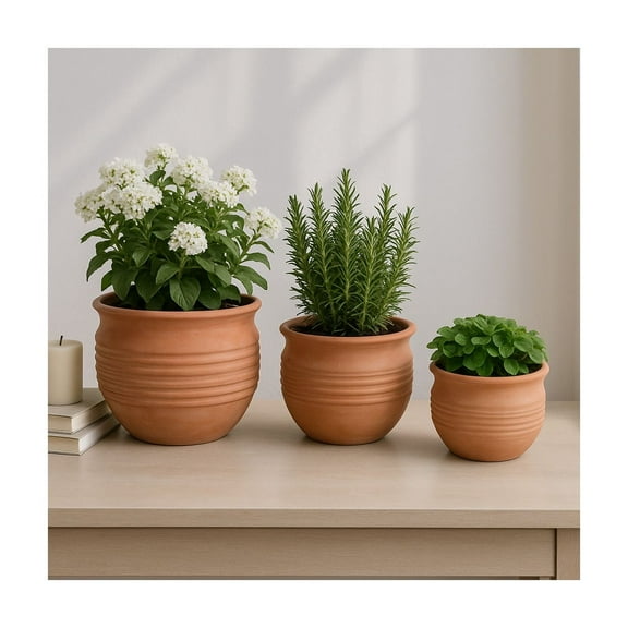 Set of 3 Clay Planters - Handcrafted Pottery Flower Pots for Indoor & Outdoor Plants - Rustic Decorative Terracotta Plant Pots - 13", 10", 8" Red & Orange