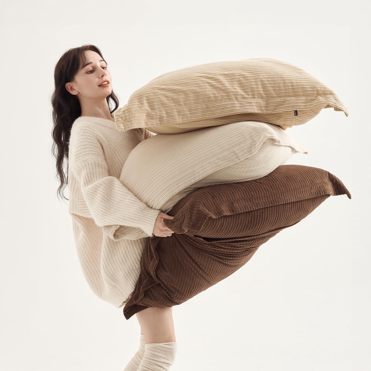 Set of 3 Corduroy Large Pillow Covers 28x28inch, Super Soft-Touch Boho Vintage Earth Tones Cushion Cases for Sofa, Living Room, Bedroom, Office,Game Home（Dark Brown, Beige & Camel）