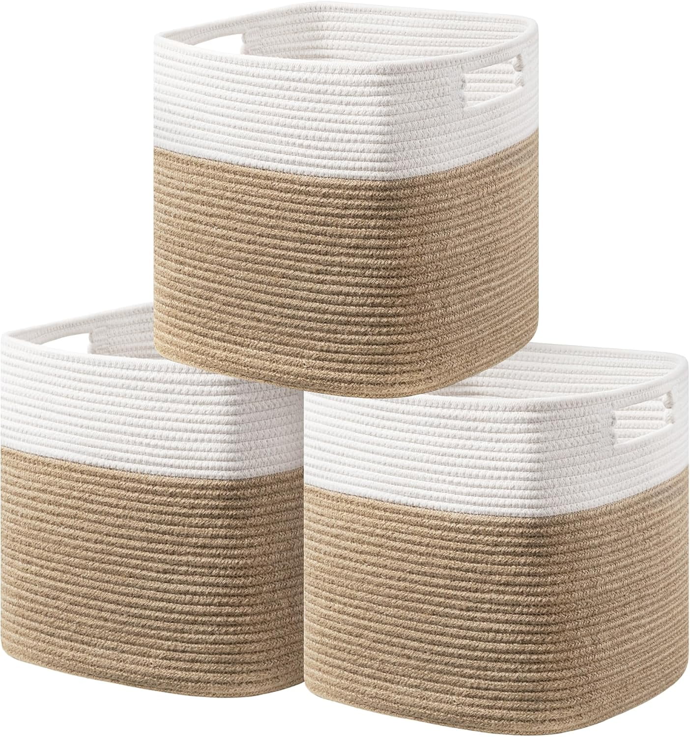 UBBCARE Set Of 3 Cotton Rope Storage Baskets - 11x10.5x10.5 Inches, Woven Cube Bins With Handles, Beige - View #5