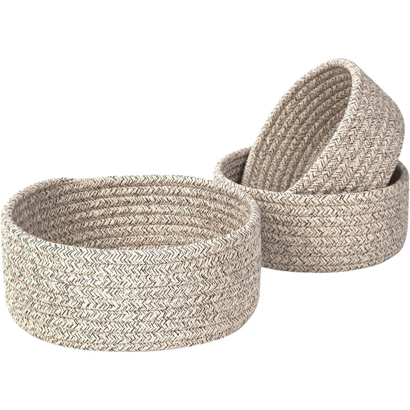 Set of 3 Cotton Rope Nesting Bowls, Small Catch All Basket, Cute Closet Baskets and Bins for Shelves, Mini Table Basket Organizer for Small Accessories, Light Brown