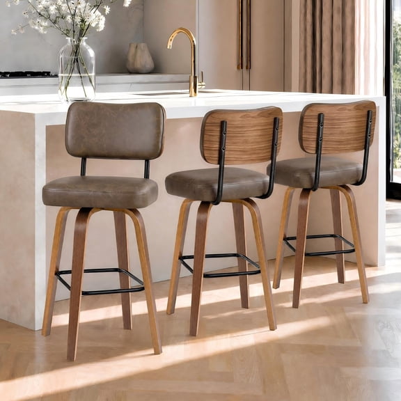 Set of 3 Counter Height Swivel Bar Stools, 26" Faux Leather Upholstered Counter Stools with Back - Bentwood Legs - Kitchen Counter/Island Bar Chairs - Color: Brown