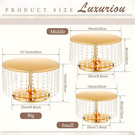 Set of 3 Crystal Pendant Cake Stand Gold Dessert Table Display Set Metal Round Cake Plates Pedestal Hanging Crystal Cupcake Stand Pastry Candy Display Plate for Wedding Birthday Party, 12 14 15.7 Inch