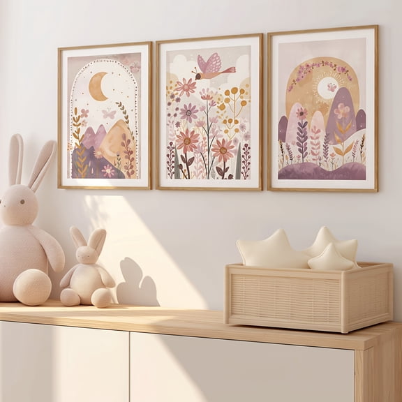 Set of 3 Cute Boho Flower Moon Sun Wall Art Canvas Prints, Wildflower Girls Room Decor Posters, Butterfly Floral Wall Decor, Ramadan Decor, Neutral Decor, Ideal Gift for Living Room, Bedroom, Office