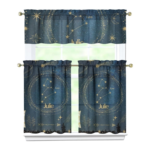 Set of 3 Cute Celestial Kitchen Curtains, Star Constellation Moon and Stars Tier Curtains with Valance, Nebula Cosmic Sci-Fi Lovers Window Panels, Rod Pocket Design