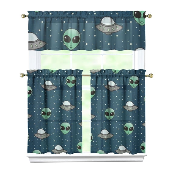 Set of 3 Cute Celestial Kitchen Curtains, Star Constellation Moon and Stars Tier Curtains with Valance, Nebula Cosmic Sci-Fi Lovers Window Panels, Rod Pocket Design