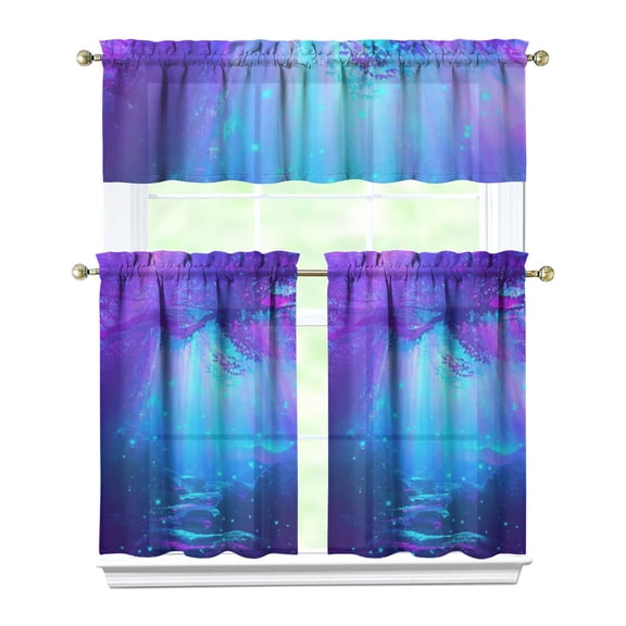 Set of 3 Cute Celestial Kitchen Curtains, Star Constellation Moon and Stars Tier Curtains with Valance, Nebula Cosmic Sci-Fi Lovers Window Panels, Rod Pocket Design
