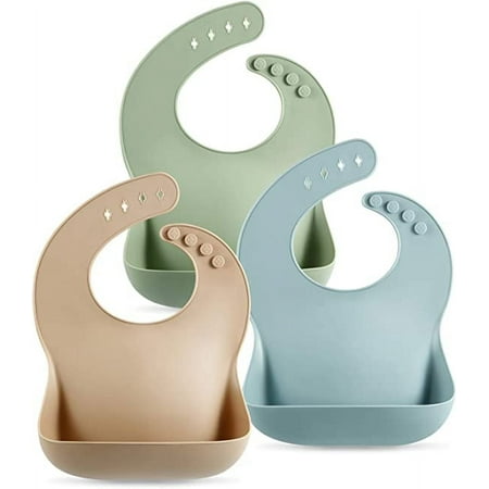Set of 3 Cute Silicone Baby Bibs for Babies & Toddlers (6-72 Months) Silicone Bibs for Babies Adjustable Soft Waterproof Bibs,BPA Free Feeding Baby Bibs Unisex, Non Messy (Brown/Blue/Green)