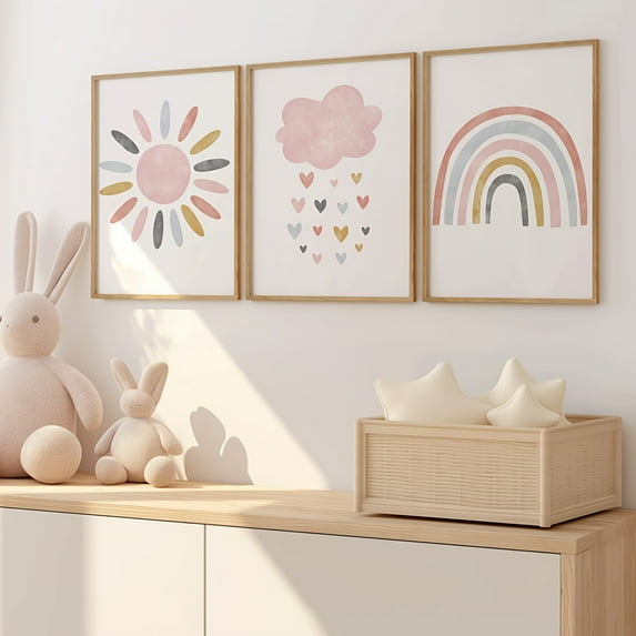 Set of 3 Cute Sun Cloud Rainbow Pink Wall Art Canvas Prints, Bohemian Cloud Heart Rain Poster Prints, Modern Playroom Wall Decor, Spring Decor, Ideal Gift for Living Room, Bedroom, Classroom, Home O
