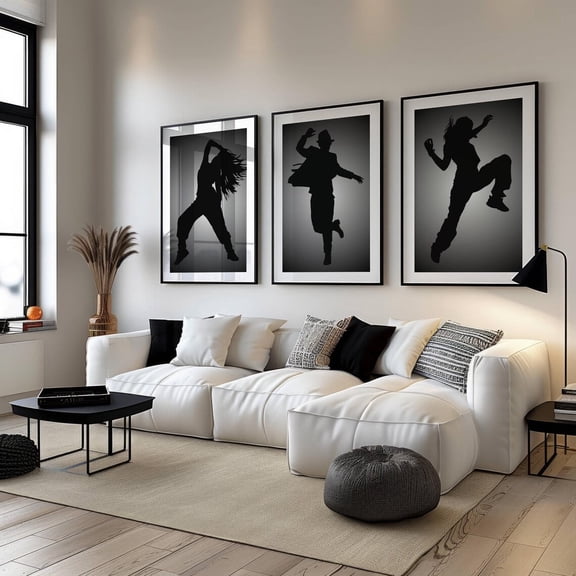 Set Of 3 Dancer Silhouette Posters, Three Piece Wall Art Poster, Black & White Dance Studio Decor, Hip Hop Dance Choreographer Set 3 Prints, Stretched Canvas