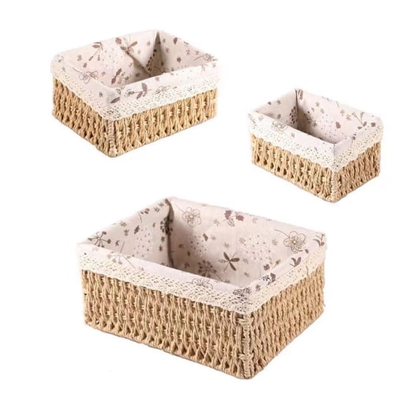 Set of 3 Decor Baskets for Organizing Decorative Paper Rope Woven Storage Basket with Liner Rectangular Empty Gift Basket Countertop Shelves Organizer