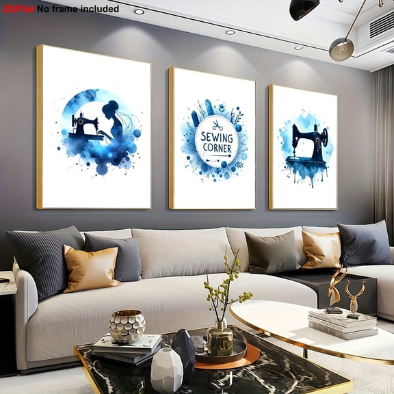 Set of 3 Decorative Art Pieces, 2D Unframed Canvas Prints - Craft Room Decor, Watercolor Sewing Poster, Gift for Embroidery Enthusiasts, Birthday Present (Set of 3)