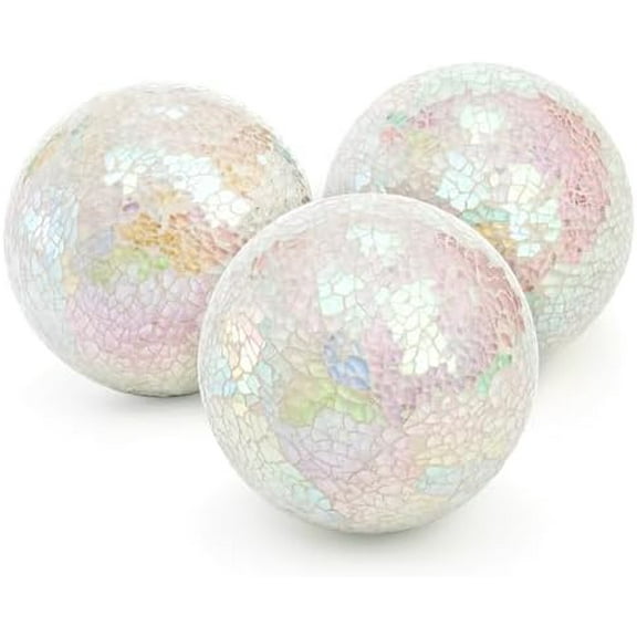 Set of 3 Decorative Balls, 4 Inch Glass Mosaic Orbs Sphere Bowl Fillers, Coffee Table Centerpiece Ball Ornaments for Living Room, Christmas, Holiday Party, White Home Decor