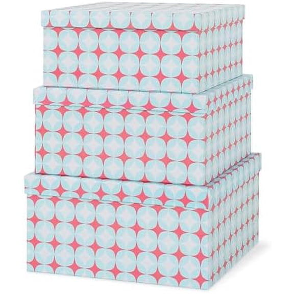 Set of 3 Decorative Boxes with Lids, Square 11" x 11" Nesting Cardboard Storage for Home Décor in Green and Coral, Keepsake and Memory Boxes for Organizing, Retro Mint
