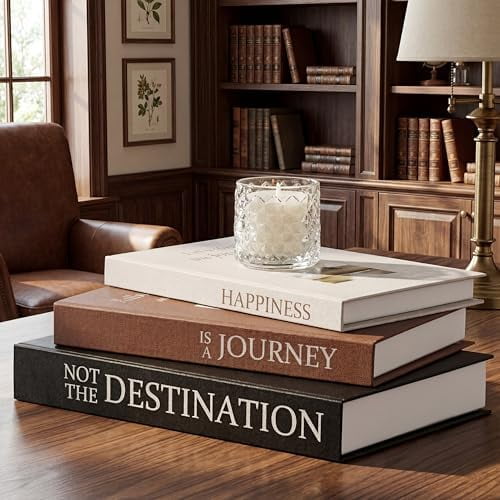 Set of 3 Decorative Faux Books with Photo Storage, Vintage Style Hollow Book Box for Living Room, Coffee Table, Bookshelf Decor, Hidden Storage with Scenic Prints & Quotes as a Keepsake Box