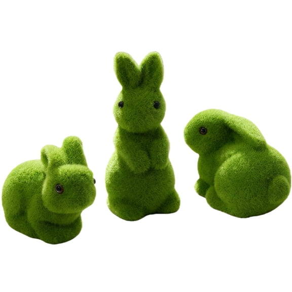 Set of 3 Easter Moss Bunny Figurines - Artificial Flocked Rabbit Statues with Green Moss Finish for Spring Home, Office, Garden Table Decor and Party Favors