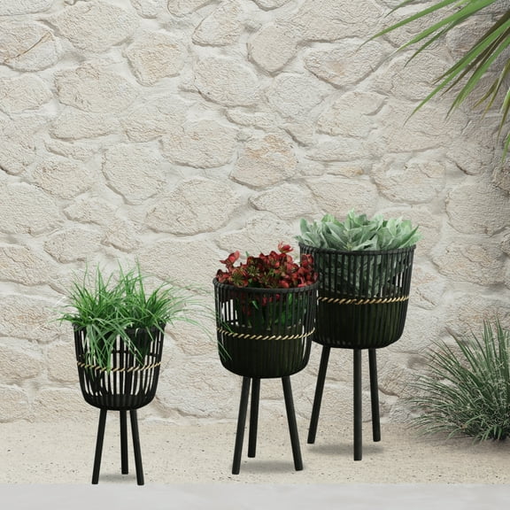 Set of 3 Elegant Black Bamboo Footed Planters in Various Sizes - Perfect for Indoor or Outdoor Decor - Stylish and Modern Plant Containers for Home or Office Use - Ideal for Succulents  F