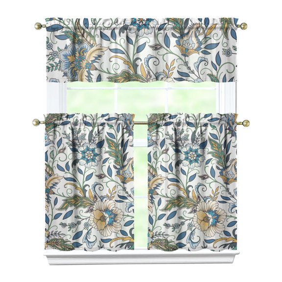 Set of 3 Ethnic Bohemian Kitchen Curtains - Colorful Retro Mandala Design, Farmhouse Tier Window Panels with Rod Pocket (54x18 + 27.5x36x2), Easy Care Semi-Sheer Fabric