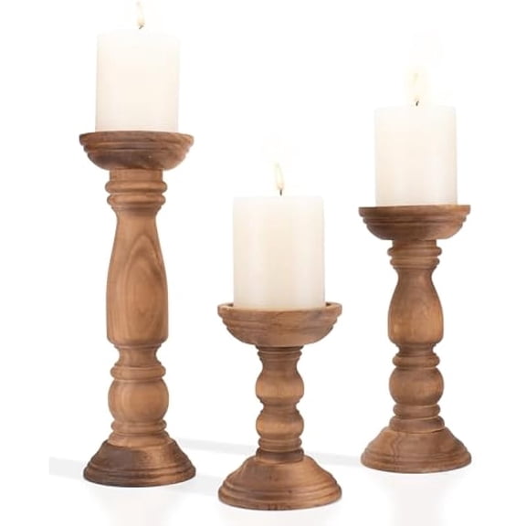 Set of 3 Farmhouse Wooden Candle Holders for Pillar Candles, Rustic Candle Stand Table Centerpiece Decor with Height Variety for Living Room, Fits 3-Inch Candles