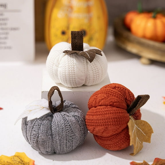 Set of 3 Faux Fall Harvest Crochet Pumpkins, Small Knit Pumpkins in Orange Gray White, Rustic Farmhouse Pumpkins, Foam Pumpkins for Thanksgiving Halloween Autumn Mantel Table Decor