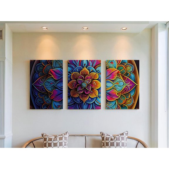 Set of 3 Faux Stained Glass Wall Art, Luminous Mandala Triptych Prints, Colorful Floral Decor, Detailed Pattern Gallery Set for Home, Stretched Canvas