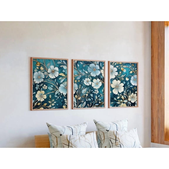 Set of 3 Faux Tapestry Wall Art, Woven Look Floral Triptych Prints, Teal & Green Botanical Decor, Textile Style Gallery Set for Home, Stretched Canvas