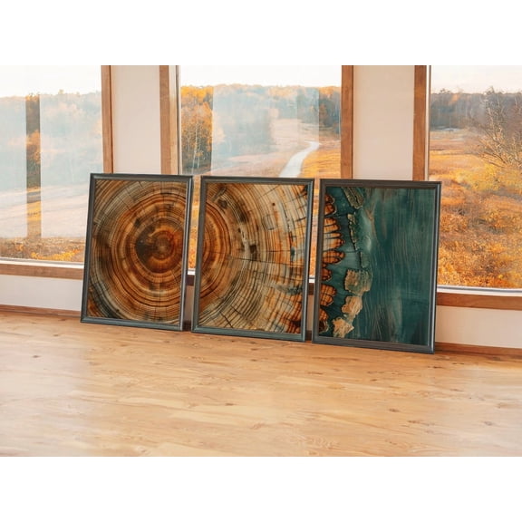 Set of 3 Faux Texture Wall Art, Visual Wood Grain Triptych Prints, Nordic Tree Ring Decor, Dark Teal & Rust Gallery Set for Living Room, Stretched Canvas
