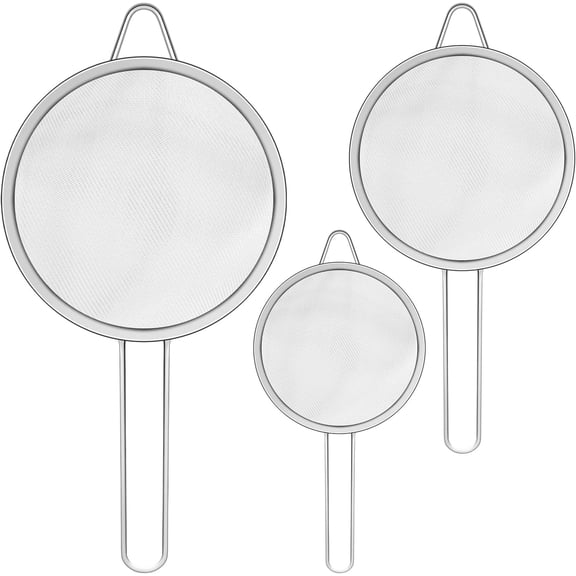 Set of 3 Fine Mesh Strainer Spoon Stainless Steel Sieve Colander Sets Multifunctional Food Strainer with Long Handle for Sifting Flour, Tea, Frying Oil, Coffee Powder, Juice, Dia. 8/14/20 CM