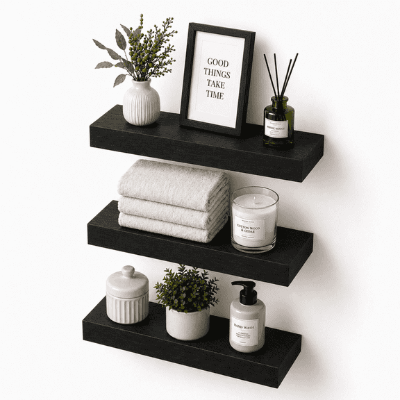 Set of 3 Floating Shelves for Wall Decor, Wall Mounted Organizer and Picture Ledge, Small Bookshelf for Bathroom, Bedroom and Living Room, 16 x 6.6 x 1.1 in, Black