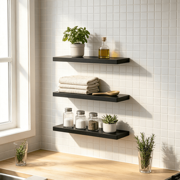 Set of 3 Floating Shelves for Wall Decor, Wall Mounted Organizer and Picture Ledge, Small Bookshelf for Bathroom, Bedroom and Living Room, 16 x 6.6 x 1.1 in, Black