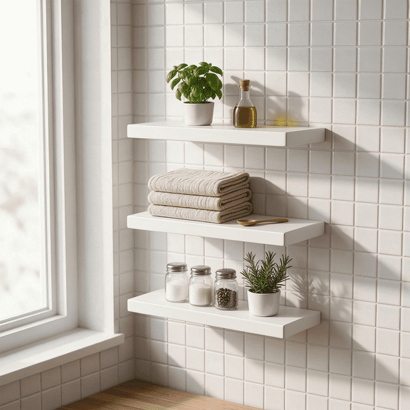Set of 3 Floating Shelves for Wall Decor, Wall Mounted Organizer and Picture Ledge, Small Bookshelf for Bathroom, Bedroom and Living Room, 16 x 6.6 x 1.1 in, White