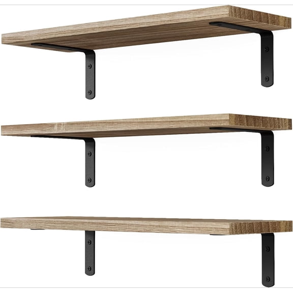 Set of 3 Floating Wall Shelves, Rustic Brown Wood Display Ledge Shelves for Decor and Storage, Picture Shelves for Bedroom, Living Room, Office and Home