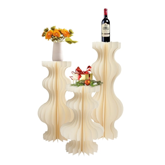 Set of 3 Foldable Cardboard Cylinder Stands with Acrylic Tops, Round Flower Pedestal Pillar Display Columns for Wedding Party Banquet Decor, 39in / 31in / 23in Height