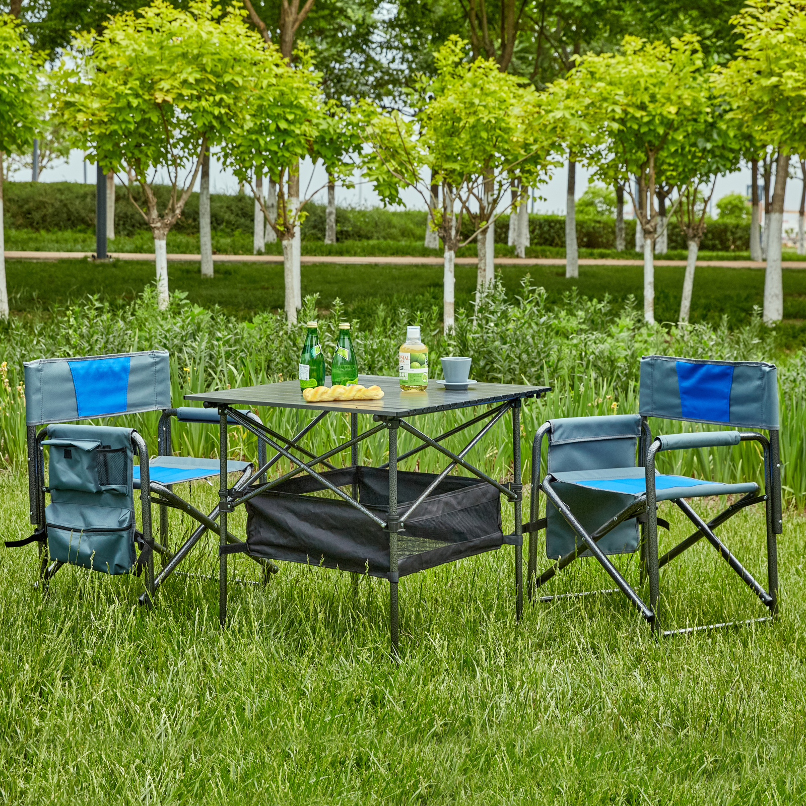 Set of 3, Folding Outdoor Table and Chairs in Black/Blue Perfect for